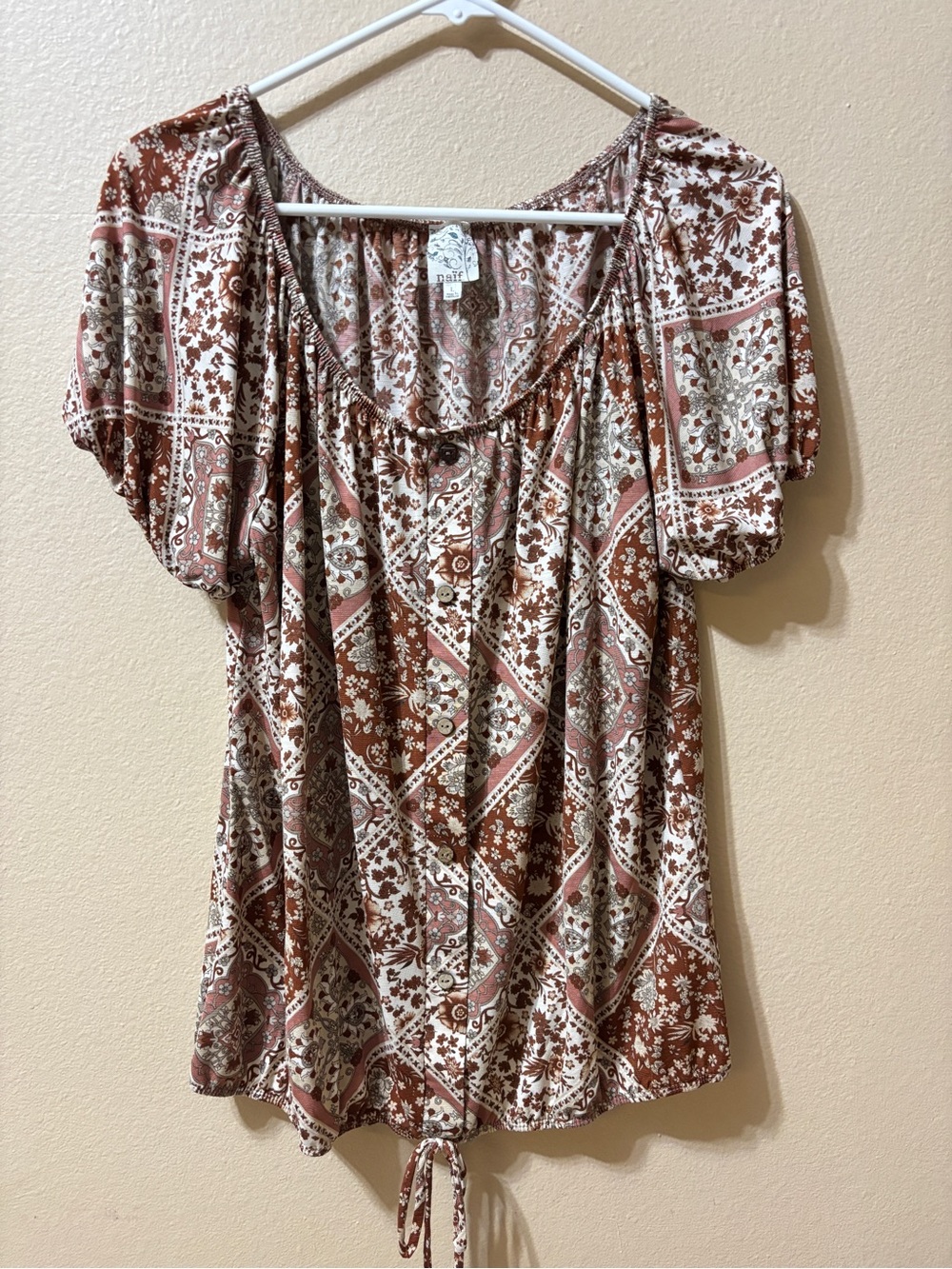Naïf Women’s Peasant Top Blouse Scoop Top Brown Short Sleeve Size Large